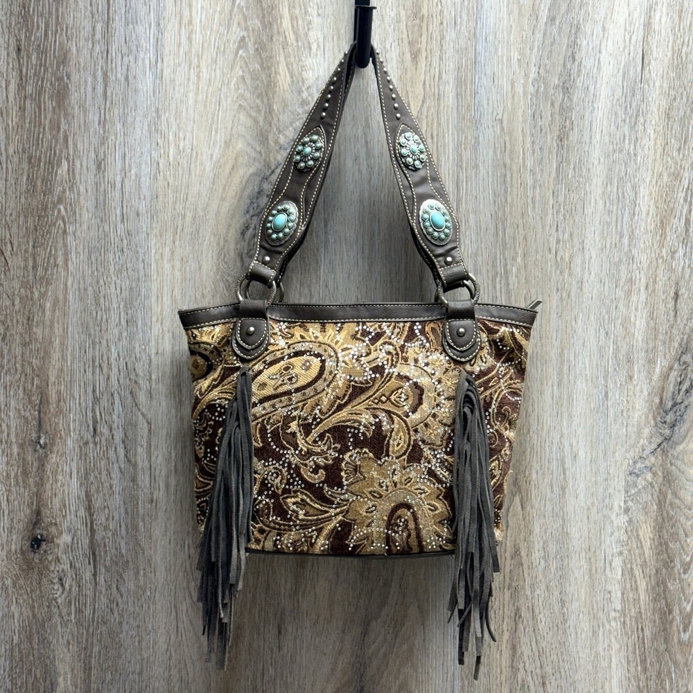 Montana West Cowgirl Tapestry Handbag Turquoise Concho Handles Rhinestone Bling